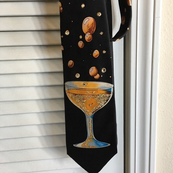 Mens 💯 Silk Tie With Cocktail Glass Sequin Print - Picture 2 of 7
